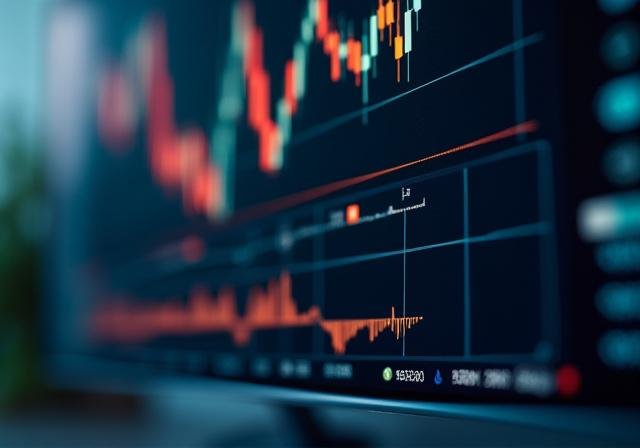 Close up of high-resolution candlestick charts and technical indicators on a trading screen